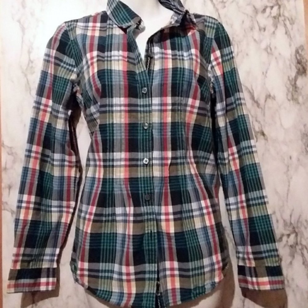 Bass Plaid Long Sleeve Button Down Top Medium